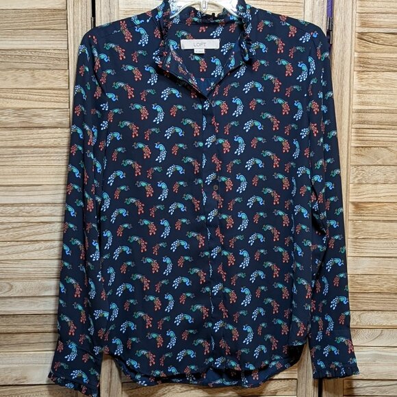 LOFT Navy Peacock Button-Up Shirt Size XS - Picture 1 of 11